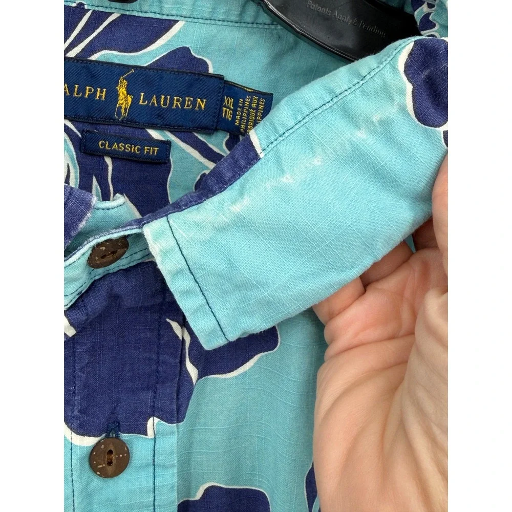 Polo Ralph Lauren Shirt Mens XXL Blue Hibiscus Floral Short Sleeve Popover‎